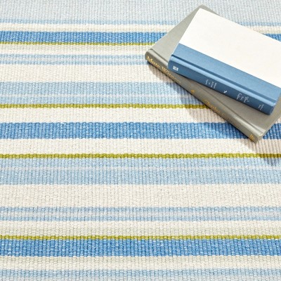Handwoven Blue and White Wool Cotton Stripe Rectangular Rug