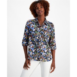 Tommy Hilfiger Womens Floral Shirt Peasant Blouse, Blue, X-Small - 1 of 1
