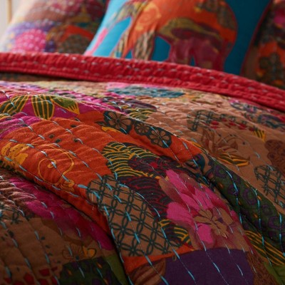 Jewel-Toned Floral Kantha Quilted Twin-XL Bedding Set