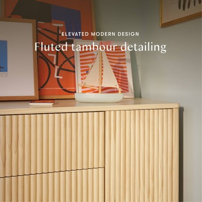 Blonde Wood Large Tambour Panel Dresser with Casters
