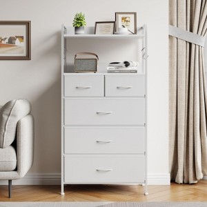 5 Drawer Dresser, Tall Dresser for Bedroom, Storage Organizer with Fabric Bins, Wood Top, Sturdy Steel Frame, Easy Pull Handle, Hallway, White - 1 of 4
