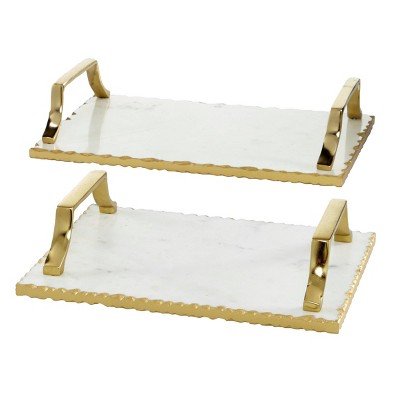 Set of 2 Rectangular Marble Tray with Metal Handles Gold - Olivia & May
