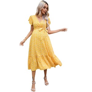 Women's Maternity V Neck Wrap Maxi Summer Dress Short Sleeve Boho Casual Nursing Dress Baby Shower Photoshoot Belt - 1 of 4