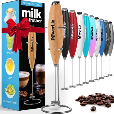 PowerLix Milk Frother Handheld Battery Operated Electric Whisk Foam Maker For Coffee With Stainless Steel Stand Included