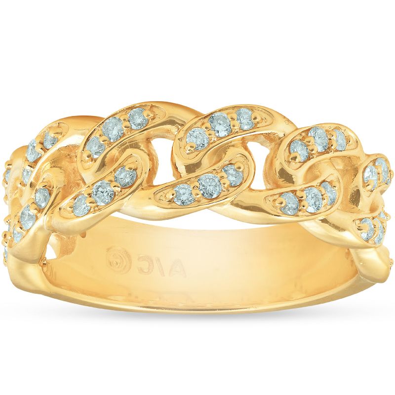 Pompeii3 1/2 Ct Mens Heavy Weight Solid Yellow Gold Curb Chain Diamond Ring Wedding Band, 1 of 5
