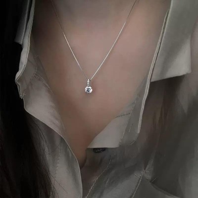 Clotth Elegant Moissanite Solitaire Pendant Necklace with Sterling Silver Box Chain, Round Cut Crystal - Timeless White Gold Accents