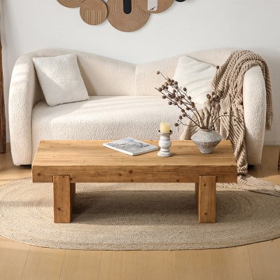 Rustic Farmhouse Solid Wood Coffee Table with Block Legs, Rectangular Low Profile Accent Table for Living Room or Home Office-Tanpinhause