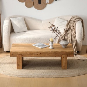 Rustic Farmhouse Solid Wood Coffee Table with Block Legs, Rectangular Low Profile Accent Table for Living Room or Home Office-Tanpinhause - 1 of 4