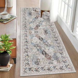 Living Room Rug Washable Rug Traditional Indoor Aesthetic Carpet Vintage Floral Distressed Floor Cover Low Pile - 1 of 4