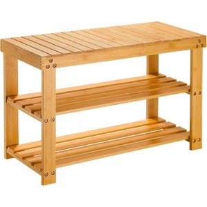 Bamboo Shoe Rack Bench with 3 Tiers - Supports 300lbs, Natural Wood Storage Organizer for Entryway, Living Room & Balcony - 1 of 4