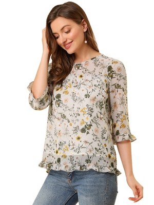 INSPIRE CHIC Women's Round Neck Ruffle 3/4 Sleeve Floral Print Chiffon Blouse