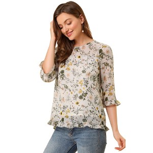 INSPIRE CHIC Women's Round Neck Ruffle 3/4 Sleeve Floral Print Chiffon Blouse - 1 of 4