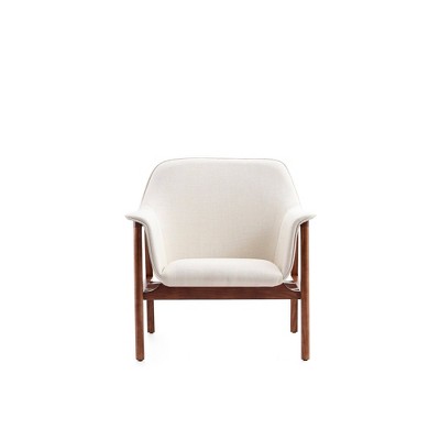 Mid-Century Cream Linen and Walnut Wood Accent Chair