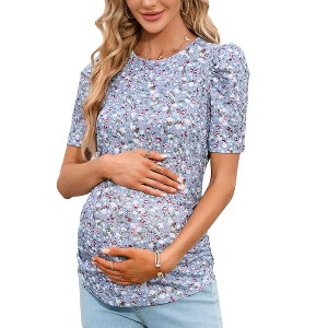 Clearlove Maternity Casual Shirts Women's Puff Short Sleeve T-Shirt Pregnancy Striped Ruched Side Tunic Top - 1 of 4