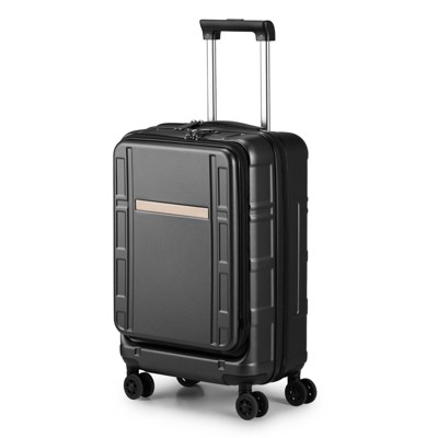 Hynes Eagle Carry on Luggage ABS+PC 20 Inch Luggage with Front Compartment Double Spinner Wheels TSA Lock Black