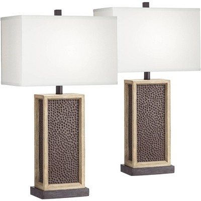  John Timberland Modern Table Lamps Set of 2 LED Dimmable Speckled Brown Column White Rectangular Shade Living Room Bedroom Bedside 