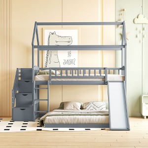 NicBex Twin over Twin Bunk Bed Classic House Shape Loft Bed Pine Frame Bed Frame with Guardrails, Convertible Slide and Storage Stair - 1 of 4