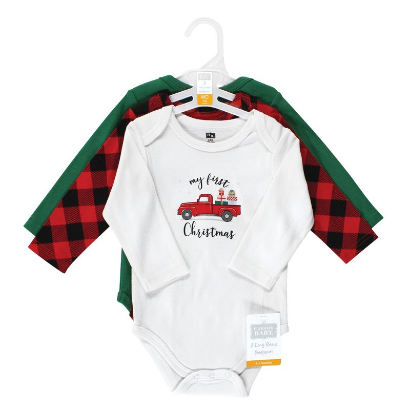 Hudson Baby Infant Girls Cotton Long-Sleeve Bodysuits, Christmas Gift 3-Pack, 2 of 6