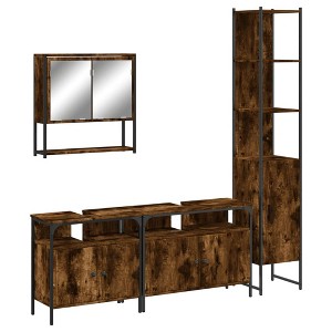 vidaXL 4-Piece Smoked Oak Bathroom Furniture Set - Modern Engineered Wood Vanity with Mirror/Sink/Cabinet Storage - 1 of 4