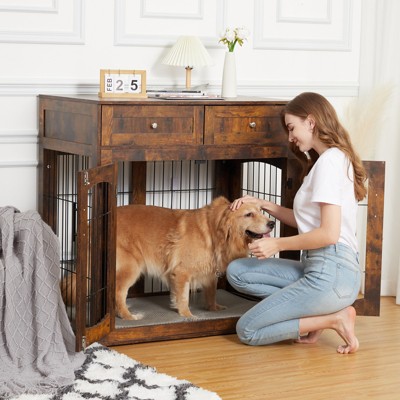 Dog Crate Furniture with Drawers,31.5'' Large Dog Crate with Cushion,Wooden Dog Kennel for Medium/Small Dog,Dog Crate End Table Up to 70 Lbs