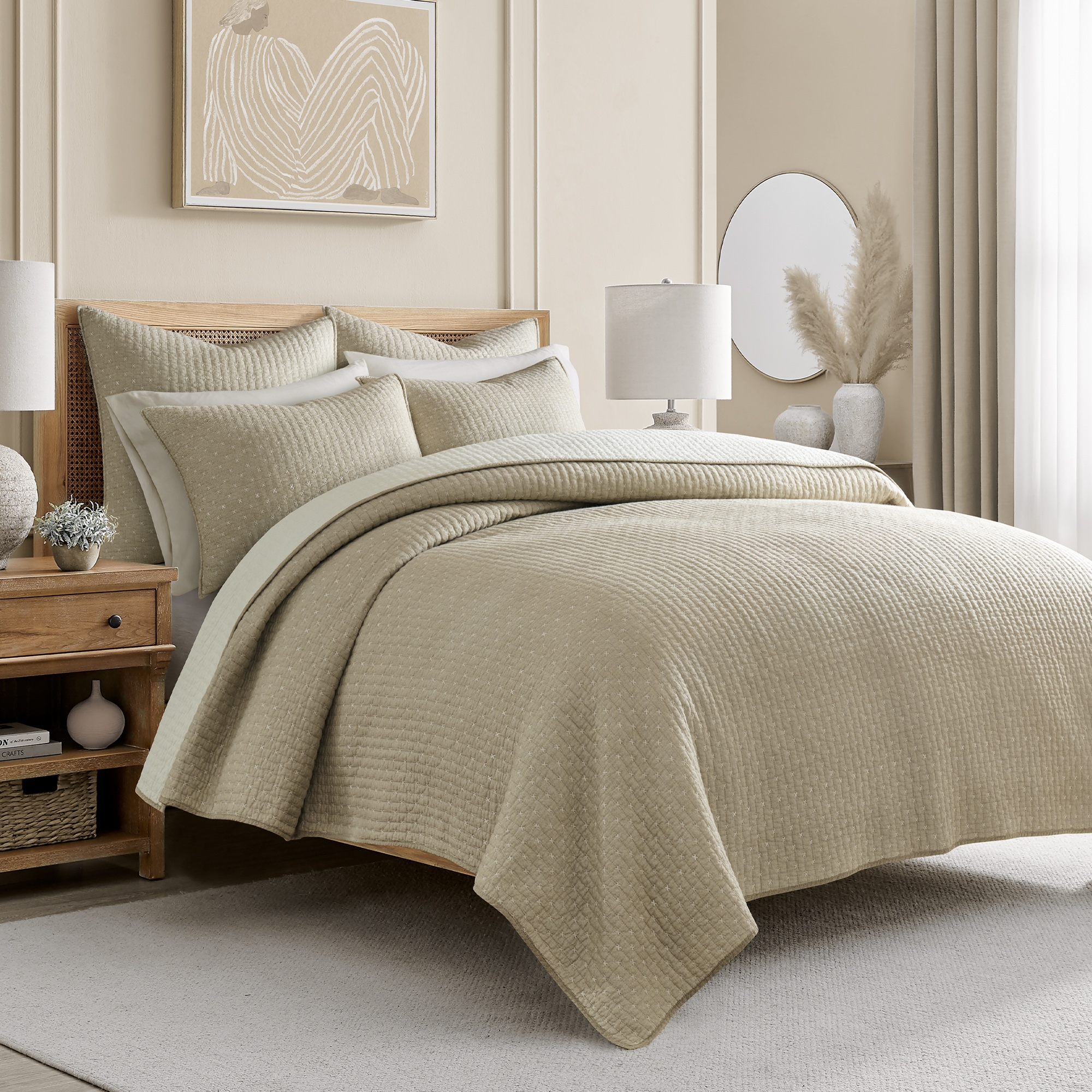 Cross Stitch Taupe King Quilt Set