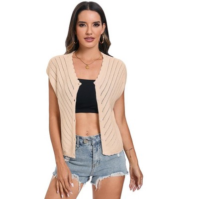 Womens Casual Solid Pullover Short Cap Sleeve V Neck Sweater Vest Openwork Knit Tank Top with Button Closure