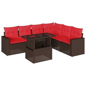vidaXL 7 Piece Patio Sofa Set with Cushions Brown Poly Rattan - 1 of 4