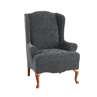 Stretch Jacquard Damask Wing Chair Slipcover Gray - Sure Fit