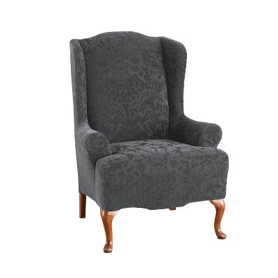 Stretch Jacquard Damask Wing Chair Slipcover Gray - Sure Fit