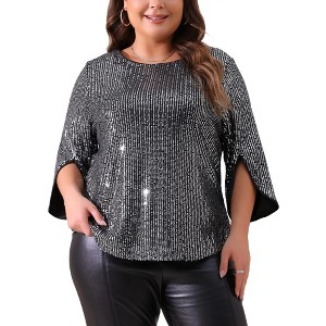 Agnes Orinda Women's Plus Size Christmas Parties Glitter Sequin 3/4 Slit Sleeve Crew Neck Blouse - 1 of 4