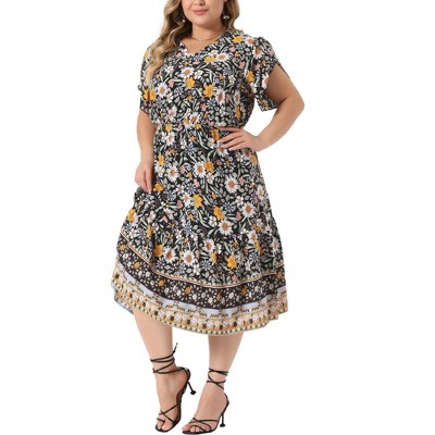 Agnes Orinda Women's Plus Size Summer Boho Casual V Neck Short Sleeve  Floral Print Beach Midi A Line Dress : Target
