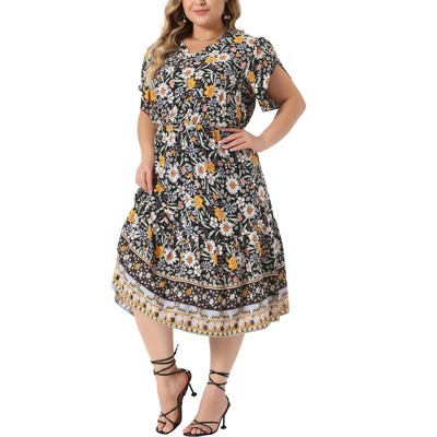 Agnes Orinda Women's Plus Size Summer Boho Casual V Neck Short Sleeve  Floral Print Beach Midi A Line Dress Black 2X