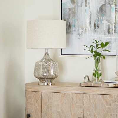 21" x 13" Linen Table Lamp with Faux Mercury Glass Finish Silver - Olivia & May: Modern Cylinder Shade, No Assembly Required