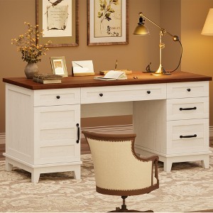 60" Executive Desk with File Drawers, Farmhouse Home Office Desk with Charging Station, Wooden Computer Desk with Cabinet Storage for Work Study - 1 of 4