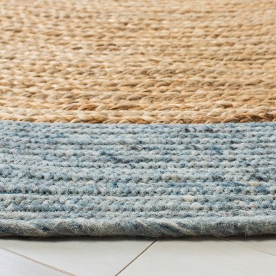 Handwoven Light Blue and Beige Round Braided Rug