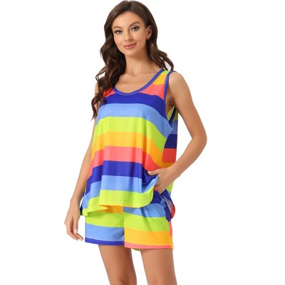 Cheibear Women's Cotton Rainbow-stripe Long Sleeves Lounge With