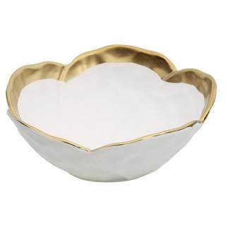 Classic Touch White Porcelain Flower Shaped Bowl with Gold Rim, 7"D