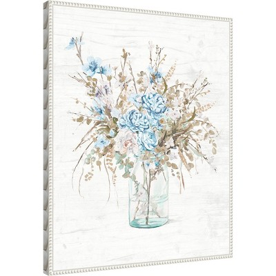 Blue Flowers in Glass Vase Canvas Wall Art with White Frame