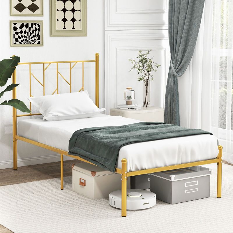 Tangkula Twin Size Platform Bed Frame Heavy-duty Metal Bed Frame w/Sturdy Metal Slat Support Gold, 3 of 11
