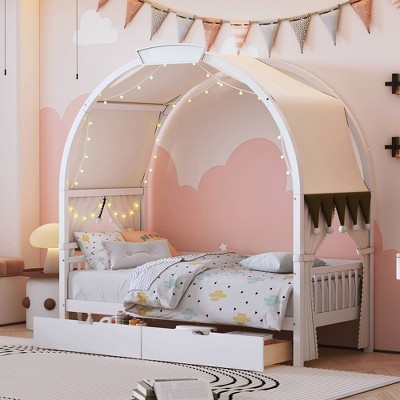 Twin Size Bed Frame with Arched Roof and 2 Drawers, Platform Bed Frame with Headboard, Twin Daybed, Wood Slats Support, No Box Spring Required