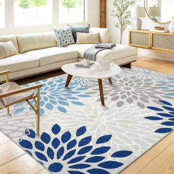Modern Area Rug for Living Room Bedroom Boho Floral Washable Rug, 8' x 10' Beige Blue