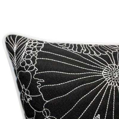 Black and White Floral Embroidered Square Throw Pillow