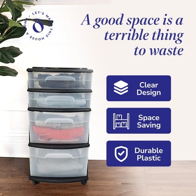 Medium Black and Clear Plastic 4-Drawer Storage Cart with Wheels