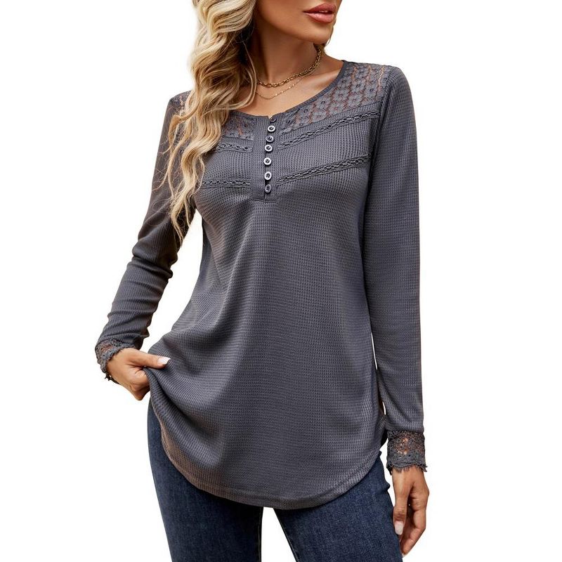 Women's Causal 3/4 Sleeve Tunic Tops V Neck Lace Crochet Blouse Pleated Peplum Flowy Shirts, 1 of 6