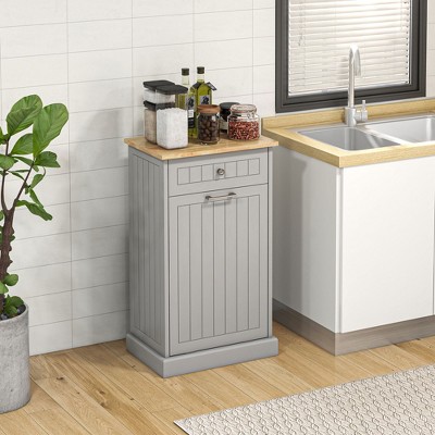 Vynxaria Kitchen Tilt Out Trash Bin Cabinet Free Standing Recycling Cabinet Trash Can Holder With Drawer, Gray
