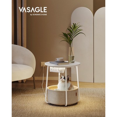 Round LED Side Table with USB Ports & Power Outlets, Fabric Storage Basket, Modern Nightstand for Home Decor