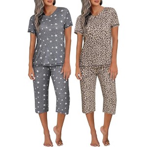 Ekouaer 2 Pack Women's Pajamas Short Sleeve Sleepwear Tops and Capri Pants Pjs - 1 of 4
