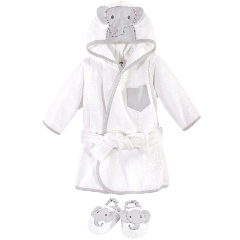 Hudson Baby Infant Cotton Animal Face Bathrobe and Slippers 2pc, Modern Elephant, 0-9 Months, 1 of 4