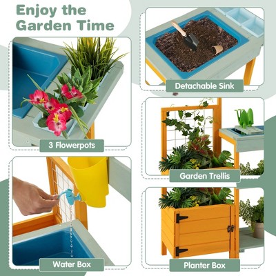 Yellow and Blue Fir Wood Kids Outdoor Potting Bench with Accessories