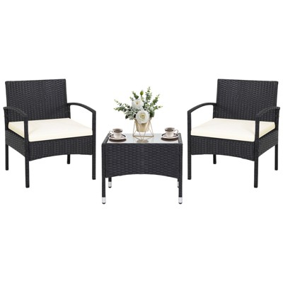 Tangkula 3PCS Wicker Rattan Furniture Patio Coffee Table Chair w/ Washable Cushion